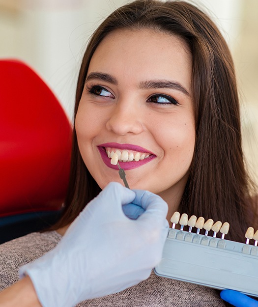 Woman's smile compared with porcelain veneer shade chart